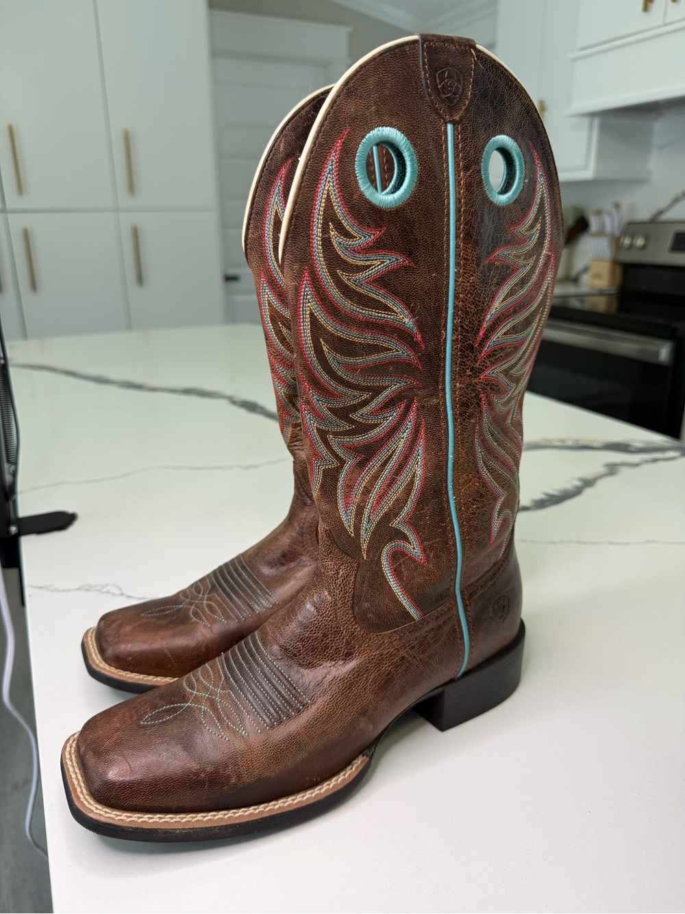 Ariat Boots Womens 8 B Turquoise Brown Round Up Ryder Western Square Toe Leather